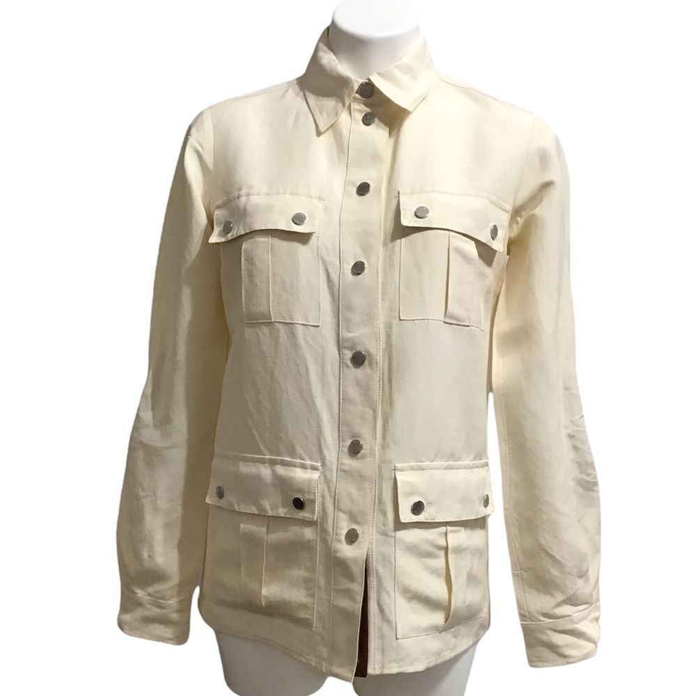 Michael Kors Beige Linen Silk Blend Leather Trim Utility Chore Jacket Size 8